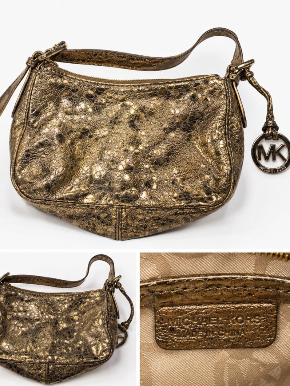 Michael Kors Metallic Bronze Gold Mini Shoulder Bag MK Logo Charm
